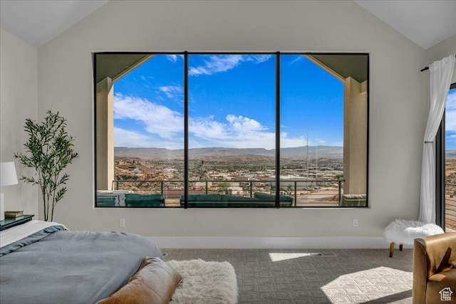 1003 N Grand Heights Dr, St George, UT 84770 - bedroom with lofted ceiling, carpet flooring, a mountain view, and baseboards