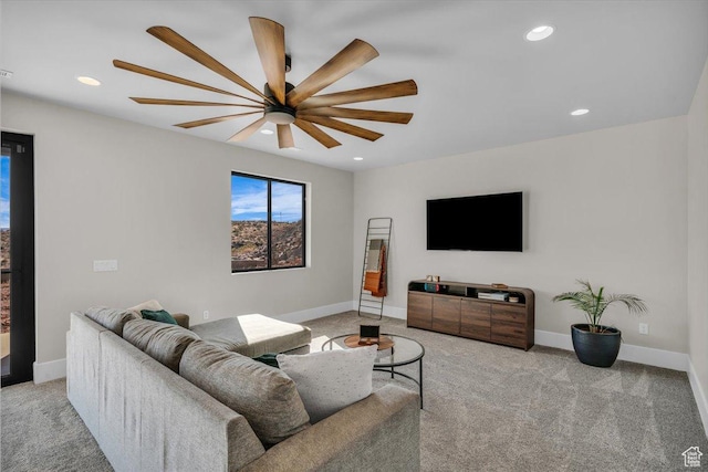 1003 N Grand Heights Dr, St George, UT 84770 - carpeted living area featuring a ceiling fan, recessed lighting, and baseboards