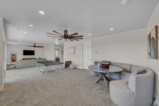 1003 N Grand Heights Dr, St George, UT 84770 - living room featuring ceiling fan, recessed lighting, carpet, and baseboards