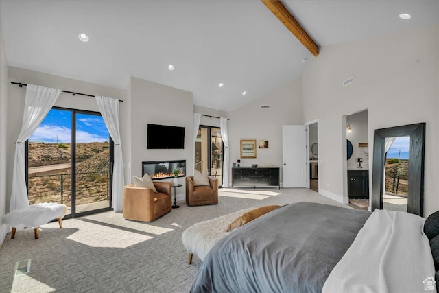 1003 N Grand Heights Dr, St George, UT 84770 - carpeted bedroom with access to exterior, high vaulted ceiling, beamed ceiling, recessed lighting, and baseboards