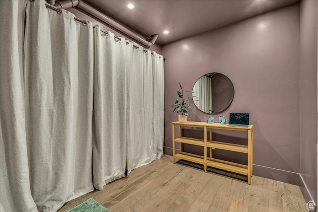 1003 N Grand Heights Dr, St George, UT 84770 - bathroom featuring wood finished floors, recessed lighting, vanity, and a shower with curtain
