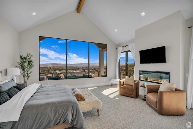 1003 N Grand Heights Dr, St George, UT 84770 - bedroom with beamed ceiling, high vaulted ceiling, light carpet, recessed lighting, and baseboards