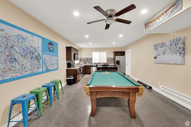 playroom with finished concrete floors, recessed lighting, ceiling fan, baseboards, and billiards table