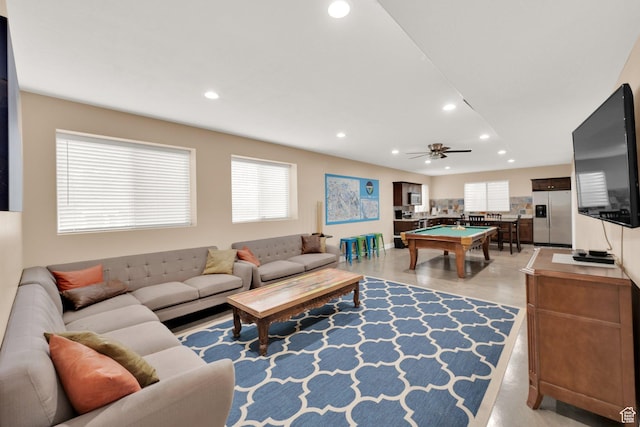 living room featuring recessed lighting, a ceiling fan, and billiards