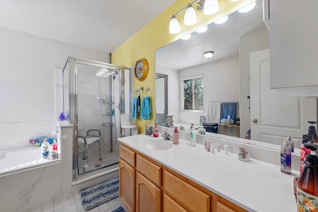 681 W 410 N, American Fork, UT 84003 - bathroom featuring a shower stall, vanity, a bath, and tile patterned floors