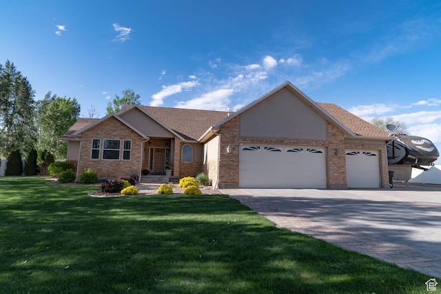 ranch-style house with a garage, a front lawn, driveway, stucco siding, and a shingled roof