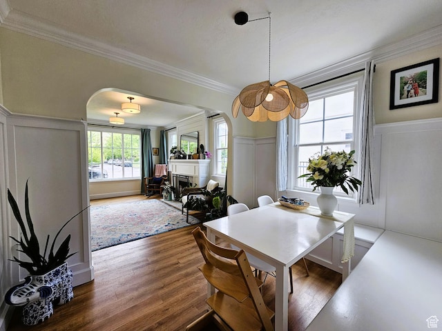 44 S 700 E, Provo, UT 84606 - dining space with arched walkways, a decorative wall, crown molding, wood finished floors, and a wainscoted wall