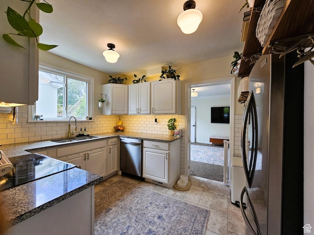 44 S 700 E, Provo, UT 84606 - kitchen with a sink, appliances with stainless steel finishes, decorative backsplash, white cabinets, and dark stone counters