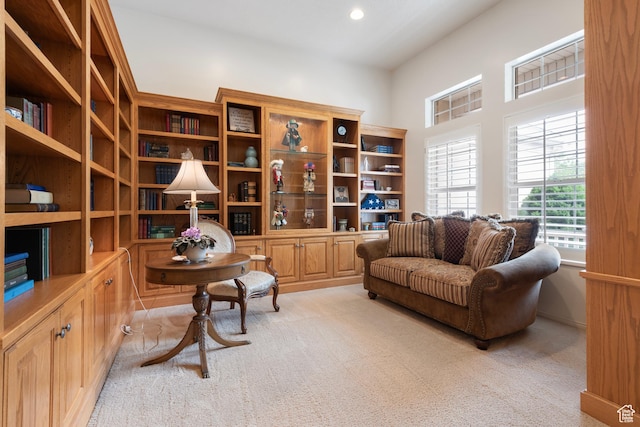 sitting room featuring light carpet and recessed lighting