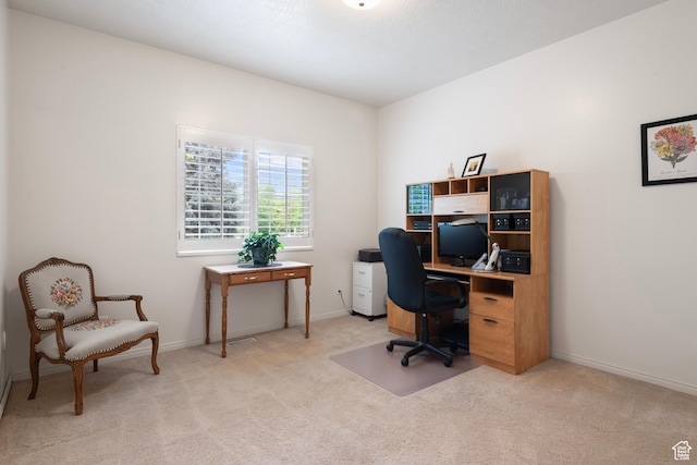 home office featuring light colored carpet and baseboards