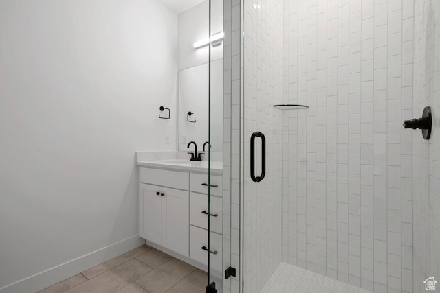 full bath featuring a shower stall, tile patterned floors, and vanity