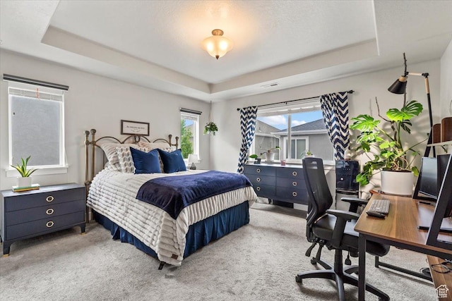 bedroom featuring a tray ceiling, light colored carpet, and a desk