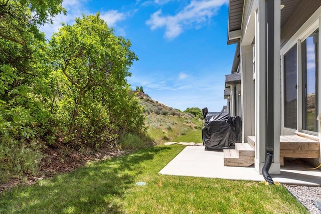 view of grassy yard with a patio and a mountain view