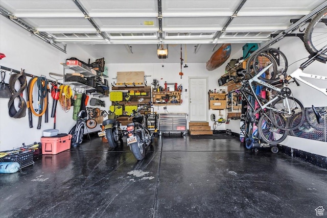garage with a workshop area