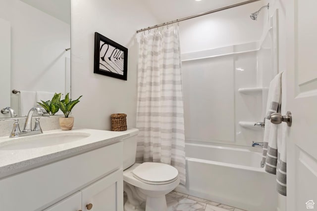 full bath featuring shower / tub combo with curtain, toilet, vanity, and marble look tile flooring