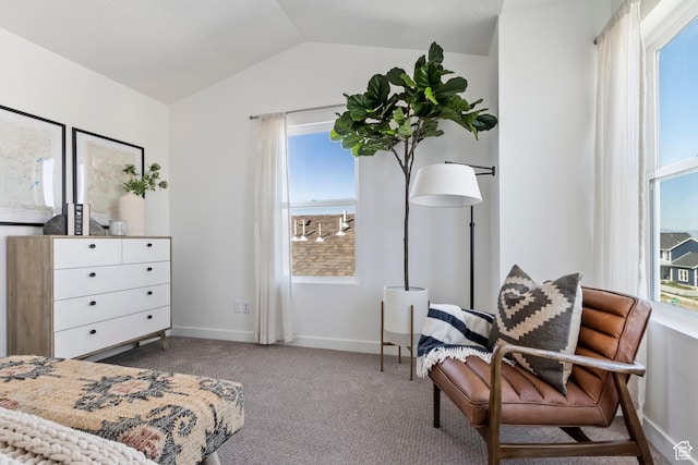 carpeted bedroom featuring vaulted ceiling, baseboards, and multiple windows