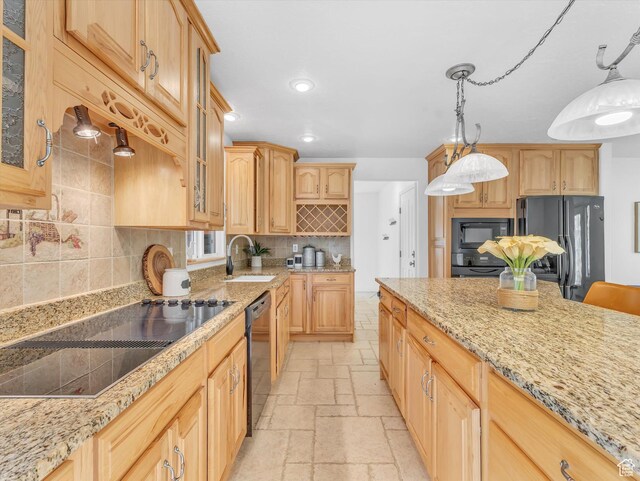 3351 E Deer Hollow Cir S, Sandy, UT 84092 - kitchen featuring black appliances, a sink, stone tile flooring, decorative backsplash, and glass insert cabinets