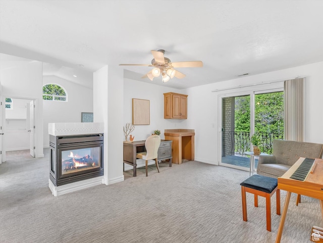 3351 E Deer Hollow Cir S, Sandy, UT 84092 - living area with light carpet, a multi sided fireplace, baseboards, ceiling fan, and lofted ceiling