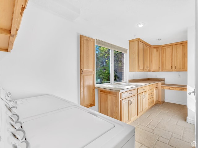 3351 E Deer Hollow Cir S, Sandy, UT 84092 - kitchen with stone tile floors, washer / clothes dryer, light brown cabinets, recessed lighting, and light countertops
