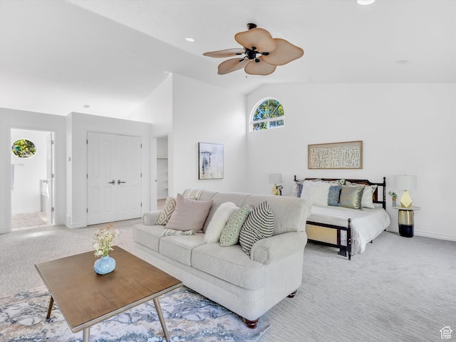 3351 E Deer Hollow Cir S, Sandy, UT 84092 - living room featuring light carpet, lofted ceiling, ceiling fan, baseboards, and recessed lighting