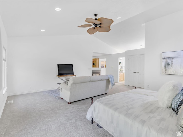 3351 E Deer Hollow Cir S, Sandy, UT 84092 - bedroom featuring light carpet, lofted ceiling, recessed lighting, baseboards, and a glass covered fireplace