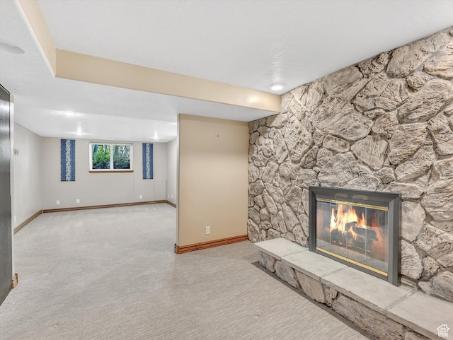 3351 E Deer Hollow Cir S, Sandy, UT 84092 - unfurnished living room featuring a stone fireplace, carpet, and baseboards