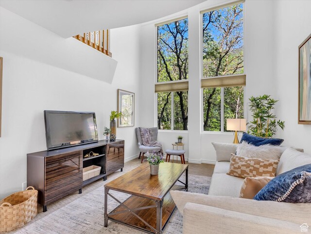 3351 E Deer Hollow Cir S, Sandy, UT 84092 - living area featuring healthy amount of natural light, a high ceiling, and baseboards