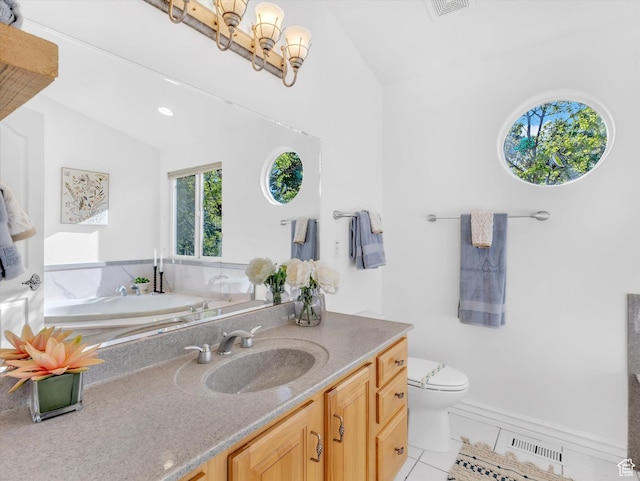 3351 E Deer Hollow Cir S, Sandy, UT 84092 - bathroom with lofted ceiling, tile patterned floors, toilet, vanity, and a chandelier