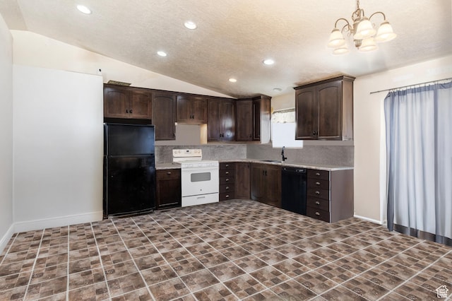 544 E 1875 S, Roosevelt, UT 84066 - kitchen featuring black appliances, dark brown cabinetry, a sink, vaulted ceiling, and recessed lighting