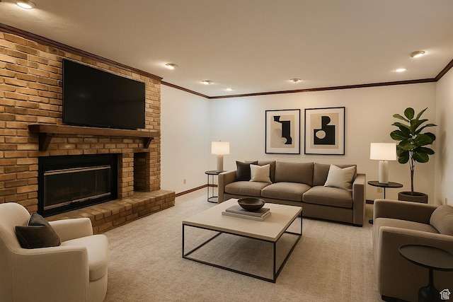 11258 S Brandon Park Dr E, Sandy, UT 84092 - living area with light colored carpet, crown molding, a fireplace, recessed lighting, and baseboards