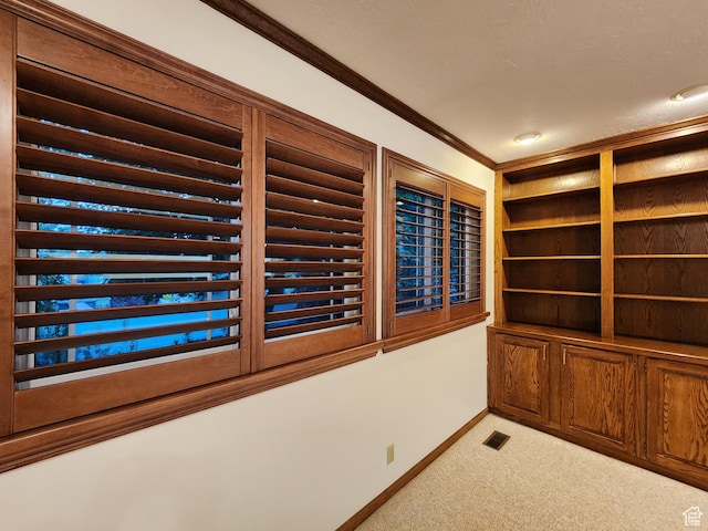 unfurnished office with light colored carpet, baseboards, and crown molding