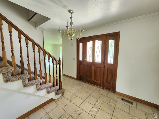 11258 S Brandon Park Dr E, Sandy, UT 84092 - foyer with baseboards, a chandelier, stairway, and crown molding
