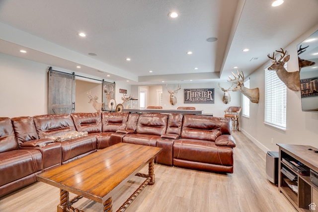 2700 E Red Barn Rd S, Heber City, UT 84032 - living area featuring a barn door, light wood-type flooring, recessed lighting, a tray ceiling, and baseboards