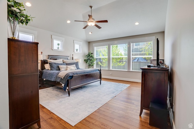 2700 E Red Barn Rd S, Heber City, UT 84032 - bedroom featuring recessed lighting, wood finished floors, vaulted ceiling, baseboards, and ceiling fan