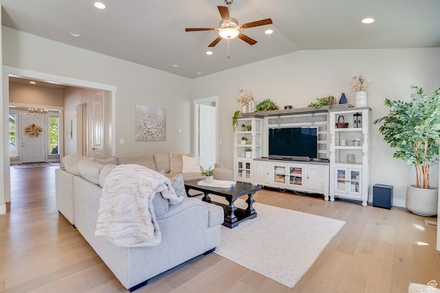 2700 E Red Barn Rd S, Heber City, UT 84032 - living room with ceiling fan, light wood-type flooring, lofted ceiling, recessed lighting, and a chandelier