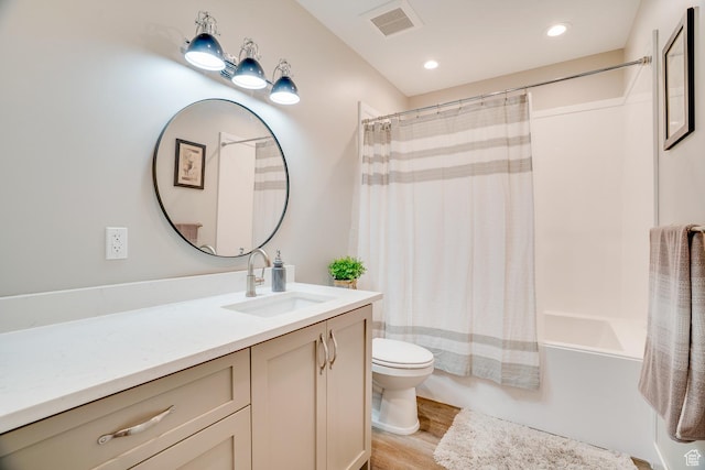 2700 E Red Barn Rd S, Heber City, UT 84032 - full bathroom featuring wood finished floors, vanity, toilet, shower / bath combination with curtain, and recessed lighting