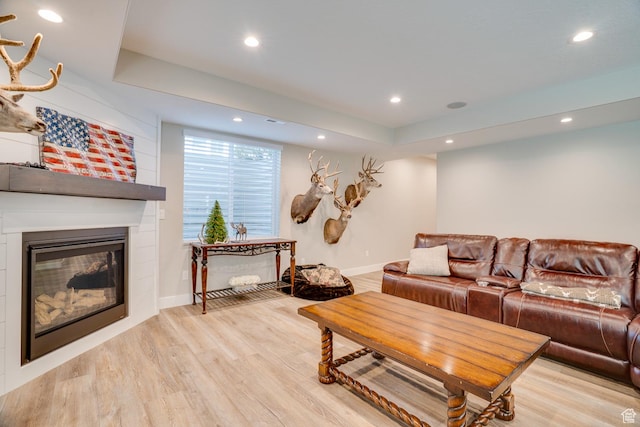 2700 E Red Barn Rd S, Heber City, UT 84032 - living room featuring light wood finished floors, recessed lighting, a fireplace, and baseboards