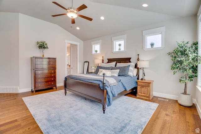 2700 E Red Barn Rd S, Heber City, UT 84032 - bedroom featuring light wood-style flooring, vaulted ceiling, baseboards, recessed lighting, and a ceiling fan