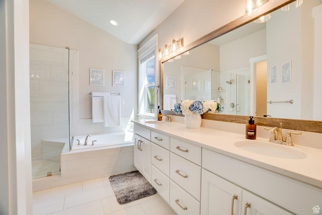 2700 E Red Barn Rd S, Heber City, UT 84032 - bathroom featuring a shower stall, a bath, double vanity, tile patterned floors, and recessed lighting