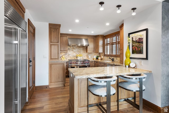 kitchen featuring premium appliances, range hood, light wood-type flooring, a peninsula, and recessed lighting