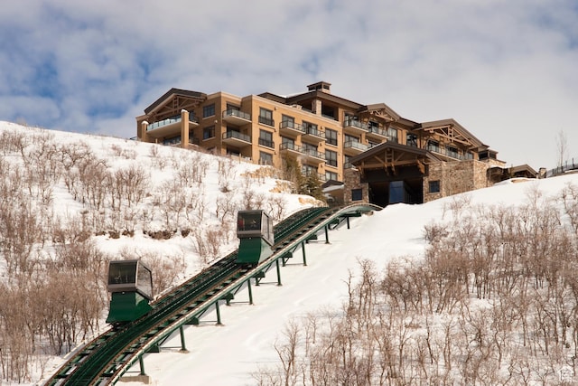 view of snow covered building