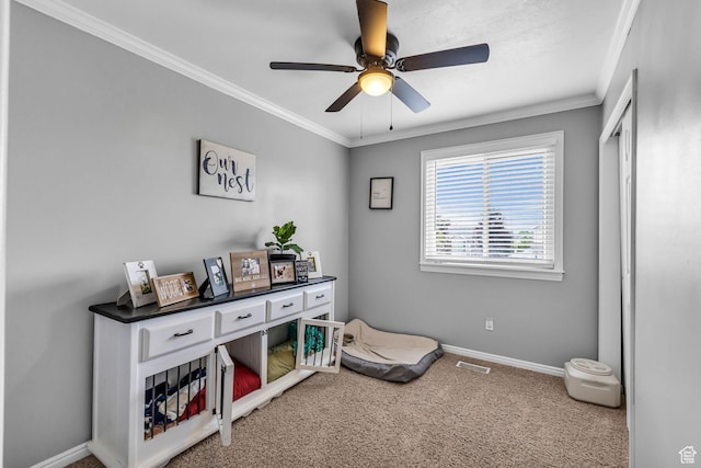 5884 S Impressions Dr W, Salt Lake City, UT 84118 - rec room featuring crown molding, a ceiling fan, baseboards, and carpet floors