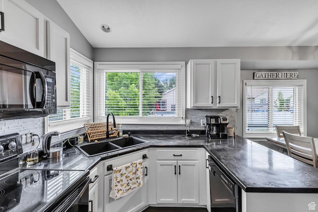 5884 S Impressions Dr W, Salt Lake City, UT 84118 - kitchen featuring black appliances, a sink, backsplash, and white cabinets