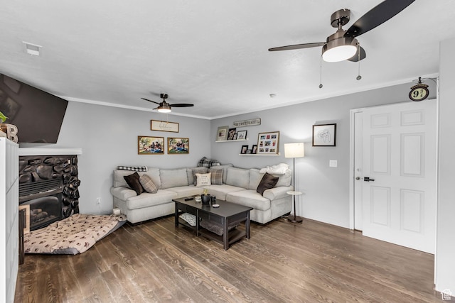5884 S Impressions Dr W, Salt Lake City, UT 84118 - living area with ceiling fan, wood finished floors, crown molding, and a fireplace