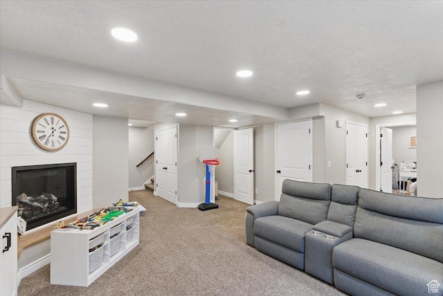 living room featuring light colored carpet, recessed lighting, a fireplace, baseboards, and stairway