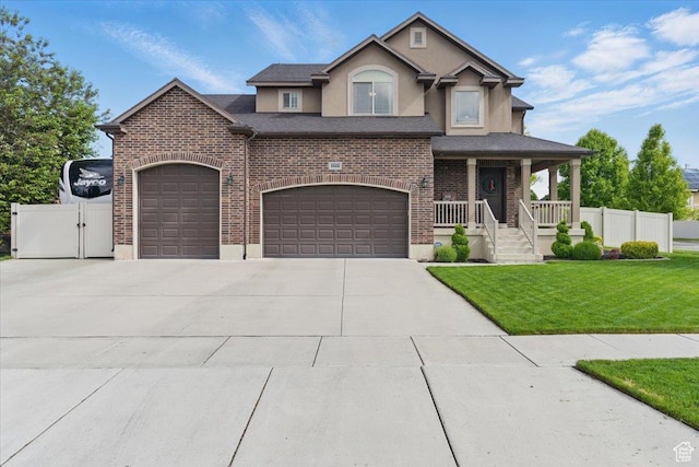 view of front of house with driveway, a porch, a gate, stucco siding, and brick siding
