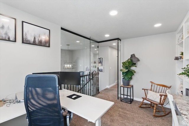 carpeted home office with recessed lighting and baseboards