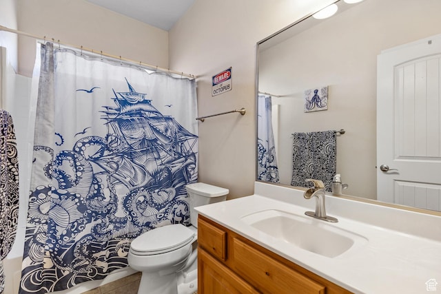 881 W Smithsonian Way, Apple Valley, UT 84737 - full bathroom featuring toilet, vanity, tile patterned floors, and curtained shower