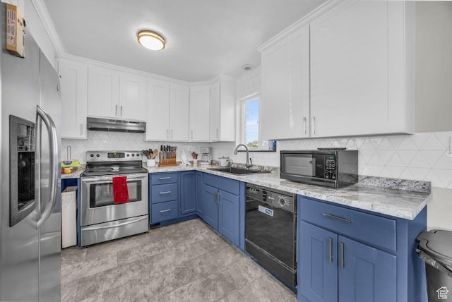 kitchen with black appliances, under cabinet range hood, blue cabinetry, and white cabinets