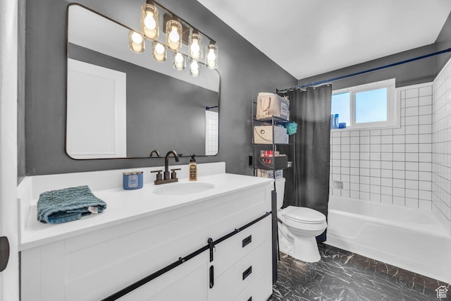 full bathroom featuring toilet, vanity, shower / tub combo, and marble finish flooring